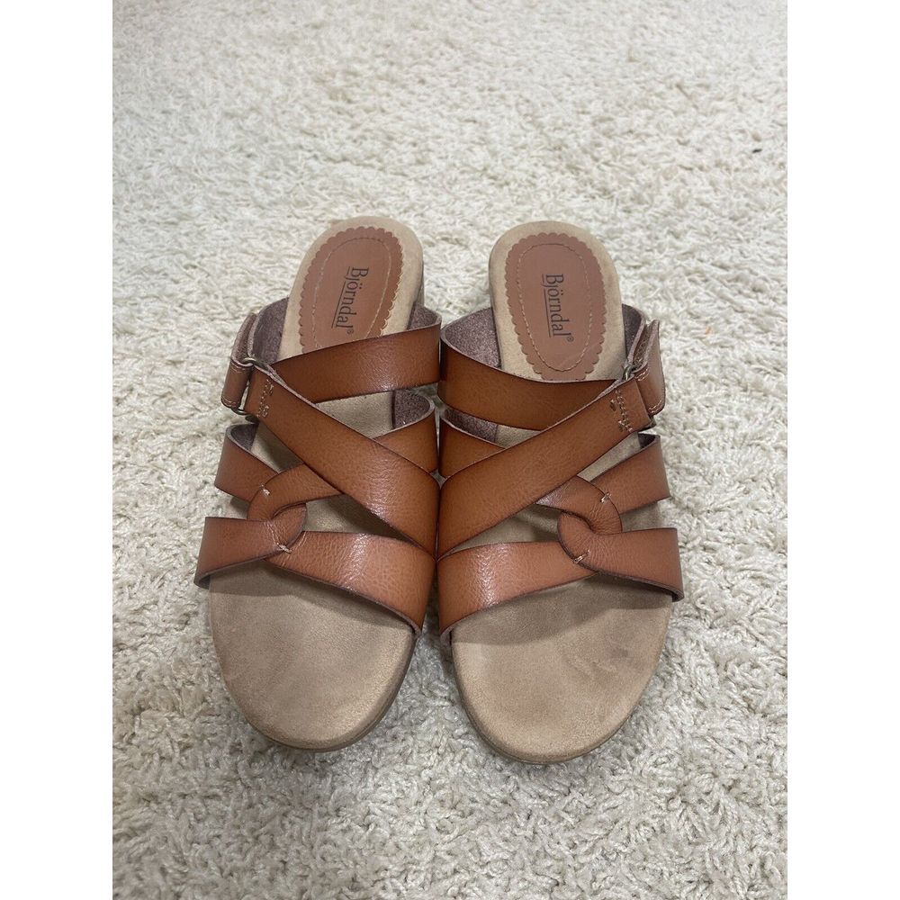 Bjorndal Mabel Cognac Leather Wedge Heel Ankle Strap Sandals Women's 8m 260075